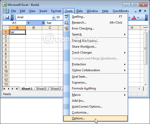 Nhấn Tools trên Excel 2003