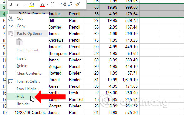 Ẩn cột Excel