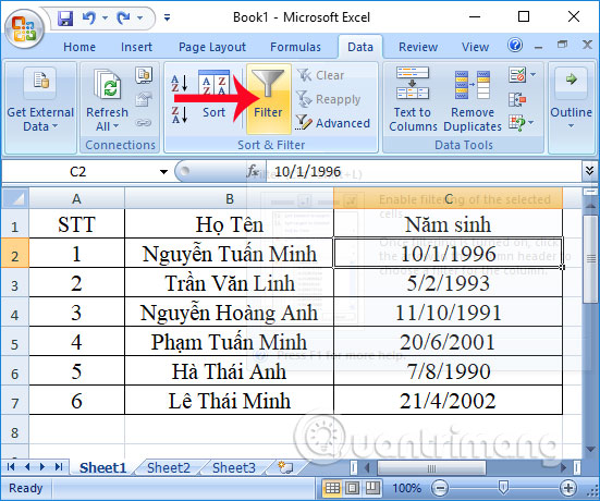 Tính năng lọc dữ liệu trên Excel 