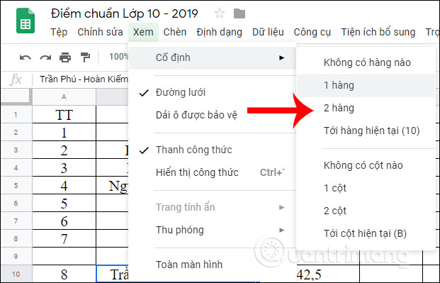 Chọn nội dung cần đóng băng