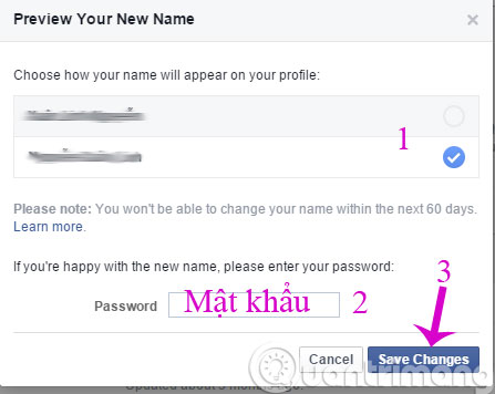 Nhập mật khẩu để xác nhận đổi tên Facebook