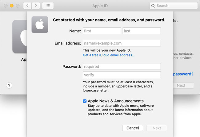 Nhấp vào tùy chọn "Create Apple ID..."
