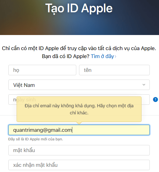 Điền thông tin đầy đủ vào form để tạo Apple ID