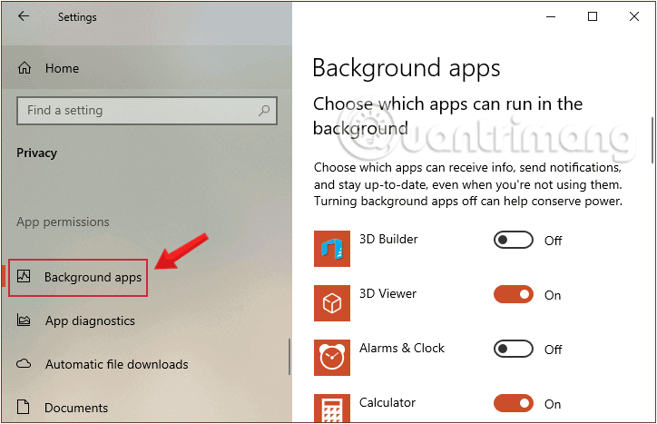 Chọn Background apps để kiểm tra những ứng dụng chạy ngầm trên hệ thống