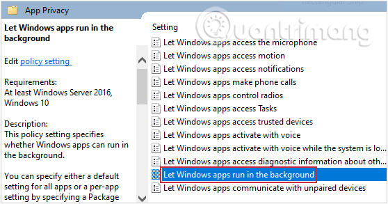 Tìm tùy chọn Let Windows apps run in the background trong App Privacy