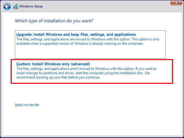 chọn Custom: Install Windows only (advanced).