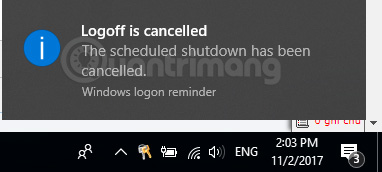 Thông báo lệnh hẹn giờ tắt máy tính đã được hủy
