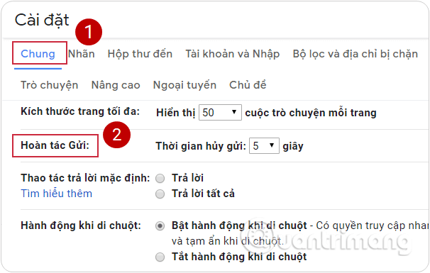 Tìm mục Hoàn tác gửi trong tab Chung ở cài đặt Gmail