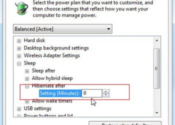 Thay đổi thông số Setting của Hibernate after trong mục Advance Setting về 0