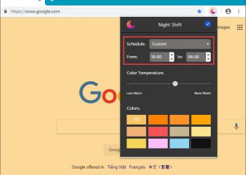 Cài đặt cho tiện ích tự động lọc ánh sáng xanh khi trời tối